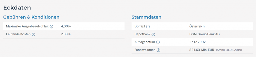 Gebühren und Stammdaten „Zukunftsvorsorge Aktienfonds“ (Quelle: Fondsweb 01.07.2019)