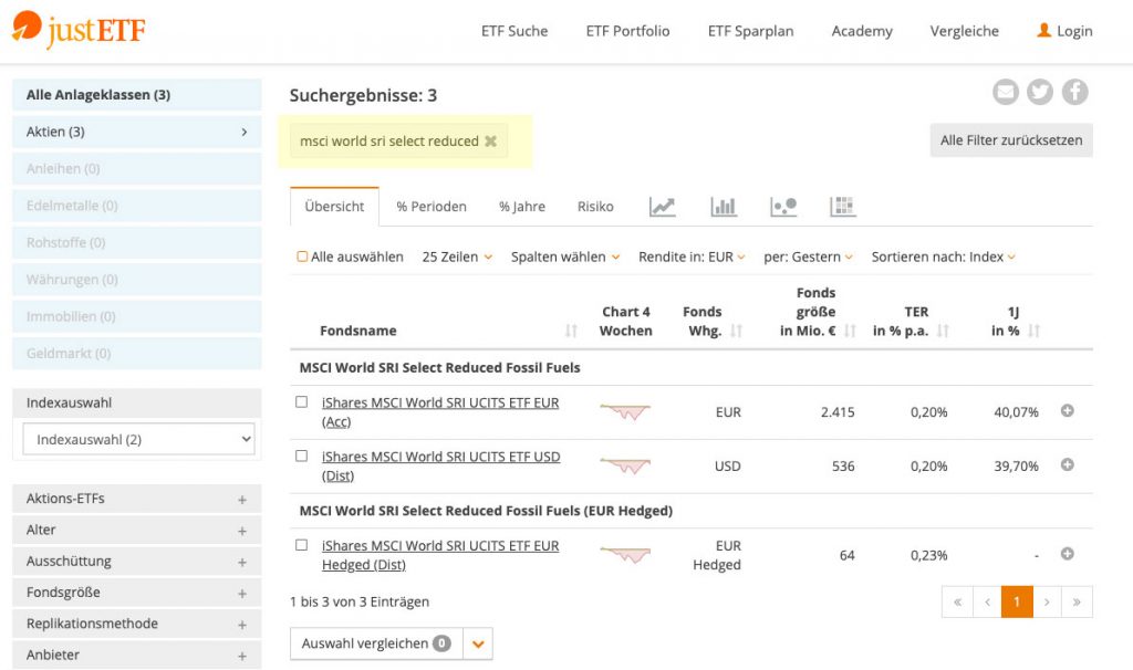 Nachhaltige Geldanlage mit ETFs | MSCI World SRI selct reduced fossil fuels-ETFs lt. JustETF.com