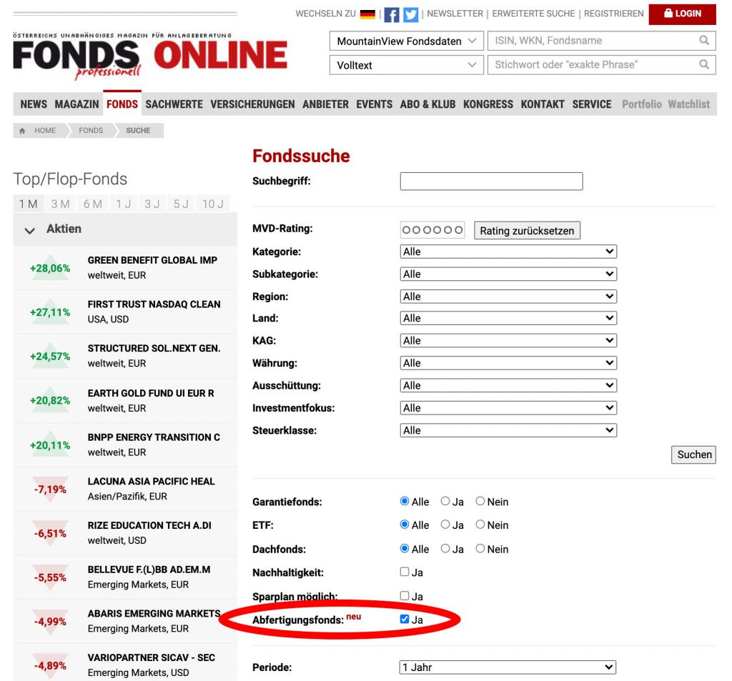Suche nach begünstigten Wertpapieren gem. §10 EStG auf fondsprofessionell.at