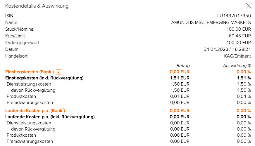 Kosten des ETF-Sparplans lt. flatex bei 100€ monatlich. (flatex.at, 31.01.2023)
