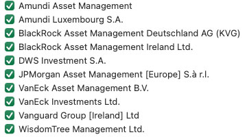 Emittenten flatex Aktions-ETFs Amundi, BlackRock, DWS, JP Morgan, VanEck, Vanguard und Wisdom Tree