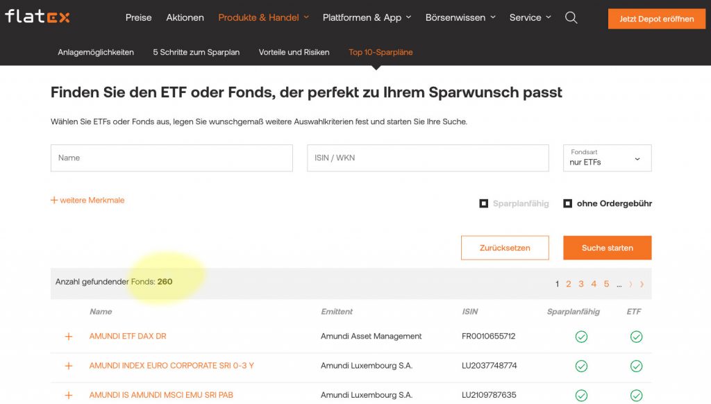 flatex Suchmaske - Sparpläne ohne Ordergebühr im Jänner 2023