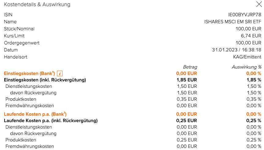 iShares MSCI EM SRI (IE00BYVJRP78) – Kostenschätzung für eine 100€ Sparplanausführung